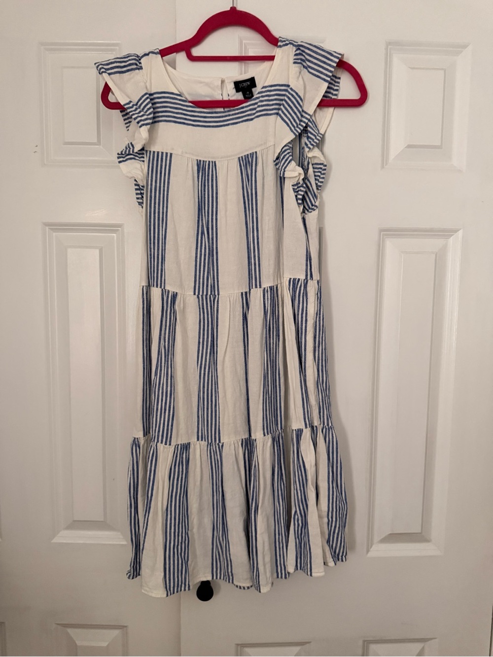 J. Crew - size small- White and Blue Striped Ruffle-Sleeve Midi Dress